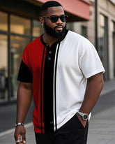 Men's Plus Size Daily Casual Black And Red Stripe Colorblock Printed Henry Collar Button Short Sleeve T-Shirt